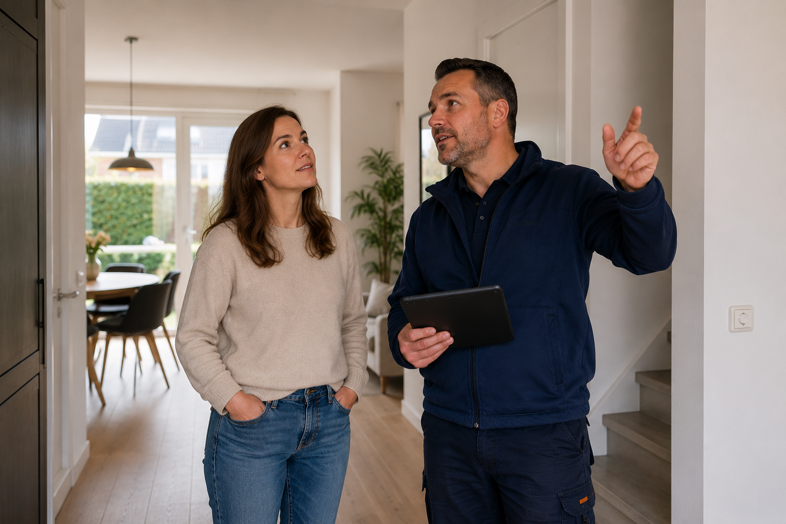 Vakspecialist met tablet adviseert klant in woning